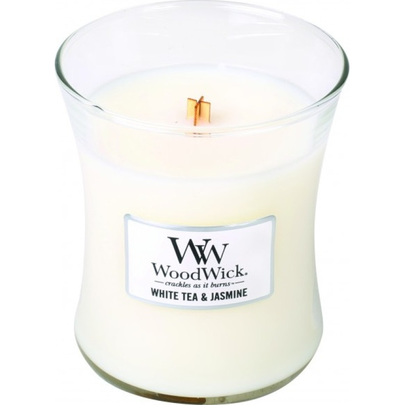 Woodwick White Tea & Jasmine scented candle with wooden wick 275 g