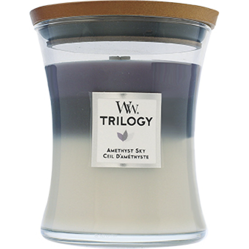 Woodwick Trilogy Amethyst Sky scented candle with wooden wick 275 g