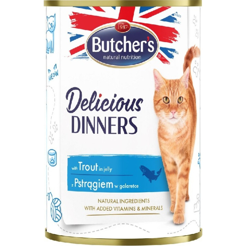 Butchers Konservēta barība kaķiem - Butchers CAT Delicious Dinners with trout chunks in Jelly 400g