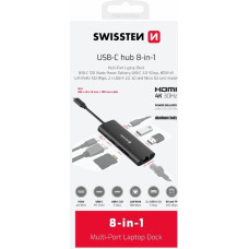 Swissten 8in1 USB-C Hubs Alumīja Centrmezgls USB-C 100W | HDMI 4K | LAN RJ45 | 2x USB-A | USB-C | SD | MICRO SD