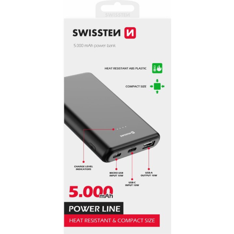 Swissten Line Power Banka Ārējās Uzlādes Baterija USB | USB-C | Micro USB | 10W | 5000 mAh