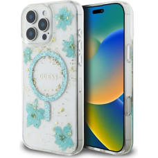 Case Guess Resin Flowers Glitter MagSafe for iPhone 16 Pro turquoise