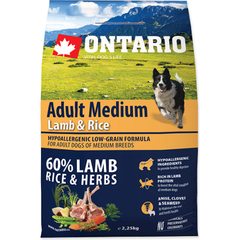 Ontario Sausa barība suņiem - Ontario Dog Adult Medium Lamb and Rice,  2,25kg