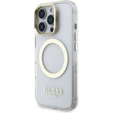 Guess IML Gold Outline Stand Camera Frame MagSafe Case for iPhone 16 Pro Max Transparent