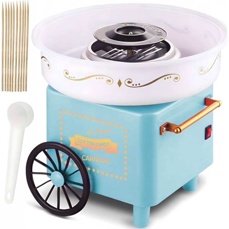 Retoo Pa&scaron;darināta cukura vates ma&scaron;īna ar kociņiem un mērtrauku, zils komplekts