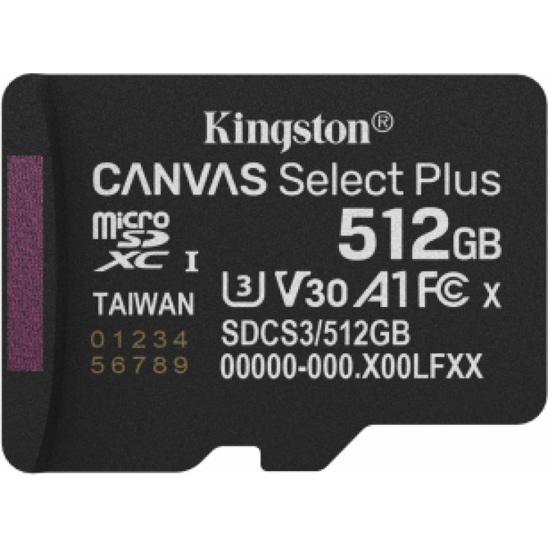 Atmiņas karte Kingston MicroSDXC 512GB Canvas Select Plus bez adaptera