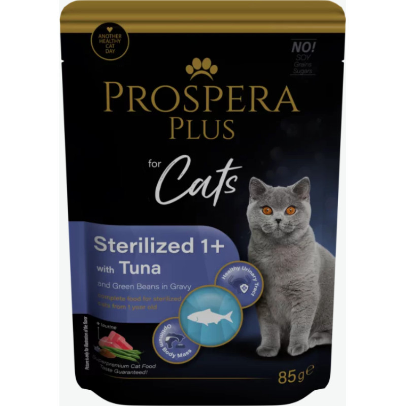Prospera Plus Konservi kaķiem - Prospera Plus, Cat Pouch Sterilized 1+, Tuna and Beans, 85 g