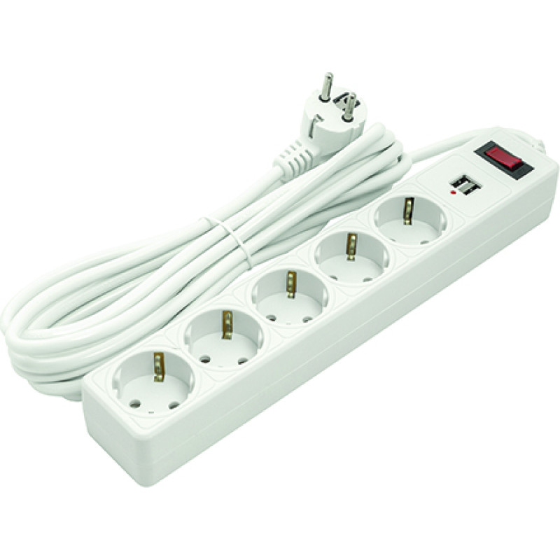 EXD Pagarinātājs 5m, 5 rozetes, 2xUSB, ar slēdzi