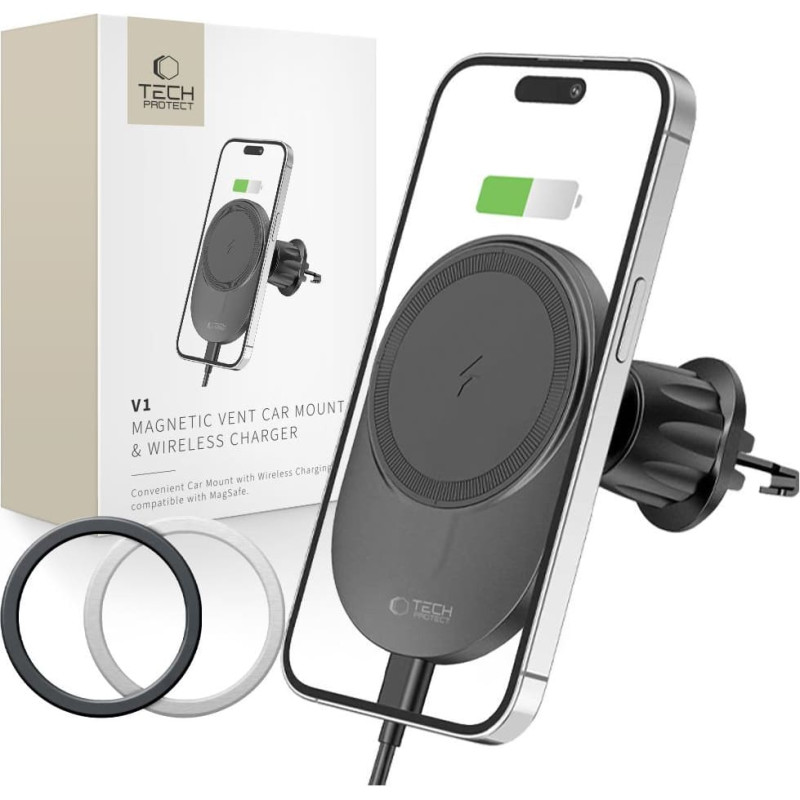 Tech-Protect MagSafe 15W automa&scaron;īnas gaisa atveres viedtālruņa lādētāja turētājs - melns
