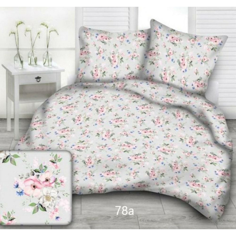 Kokvilnas gultasveļa 200x220 78a gaiši pelēkas ābeļu ziedu zaļas lapas