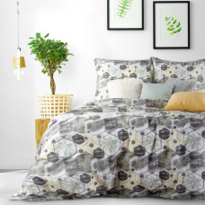 Kokvilnas gultas veļa 220x200 Enzo palmu spalvas ģeometrijas lapas baltas pelēkas abpusējas