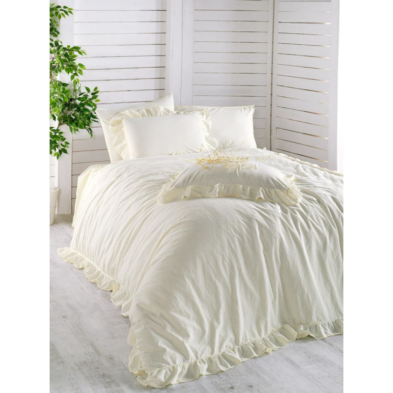 Kokvilnas gultas veļa 160x200 ekru ar vienkrāsainu volānu vienkrāsainā kastītē Akmens mazgāta Sniegbaltīte