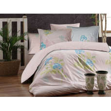 Kokvilnas gultasveļa 200x220 Ortanca Pink, balts rozā pulveris tirkīza zaļi ziedi Cottonlove Exclusive