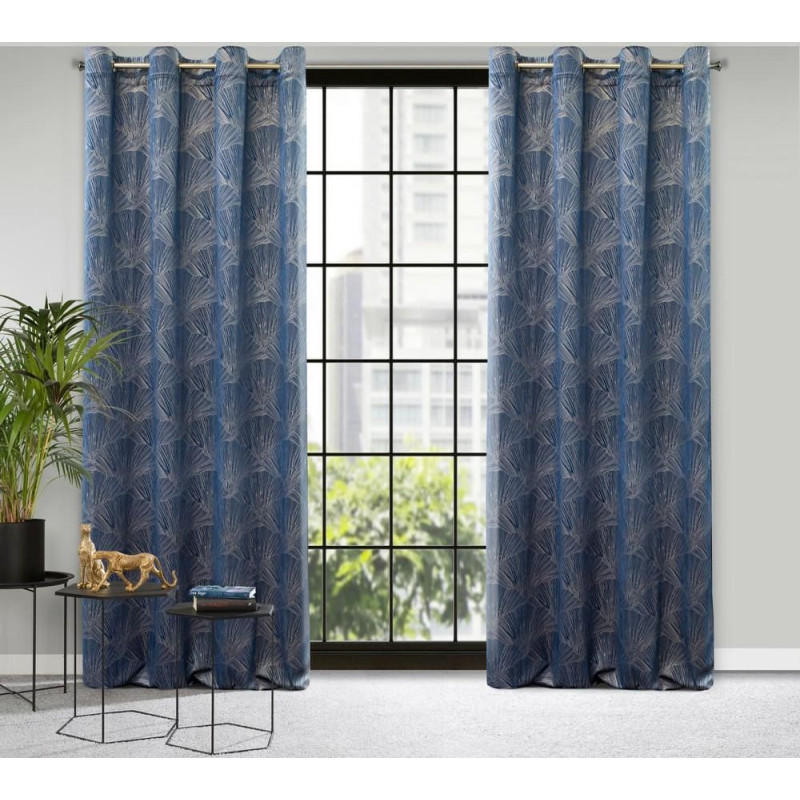 Aizkars 140x250 Goja tumši zils velūrs ar ginka lapām uz starplikām Pierre Cardin ar spīdīgu apdruku