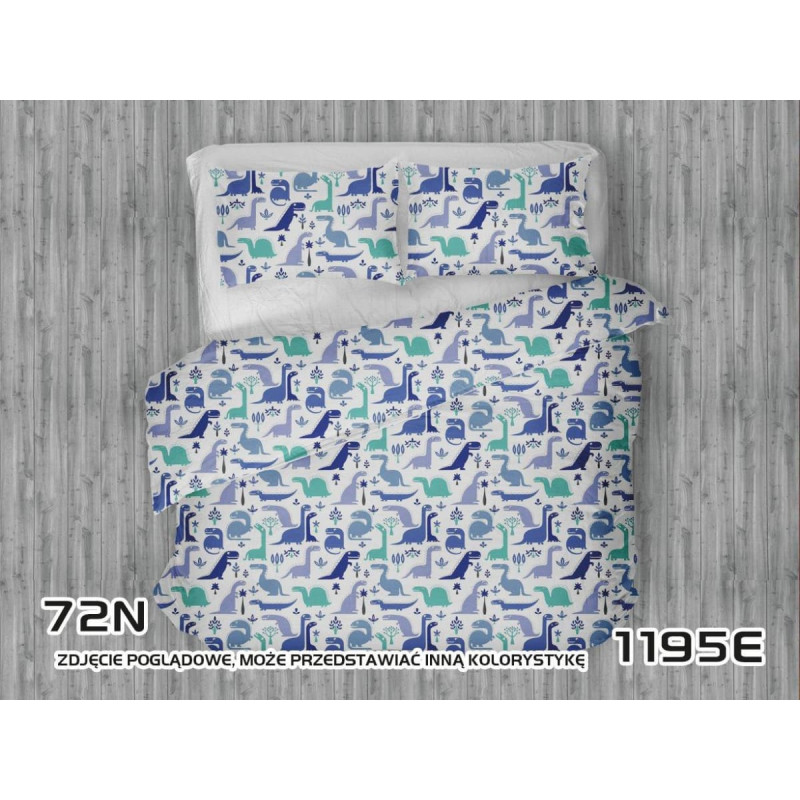Kokvilnas gultas veļa 140x200 1195E balts Dinosaurs zils safīrs tirkīzs