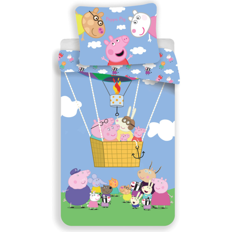 Kokvilnas gultas veļa 140x200 Peppa Pig zila krāsaina spilvendrāna 70x90 JF 02