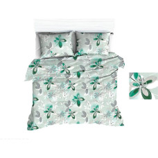 Kokvilnas gultasveļa 200x220 1688E zaļi ziedi lapas pelēkzaļa 1140N