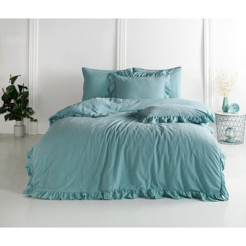 Kokvilnas gultasveļa 200x220, minerālzila, ar volānu, kastītē, vienkrāsaina Stonewashed Mineral Blue