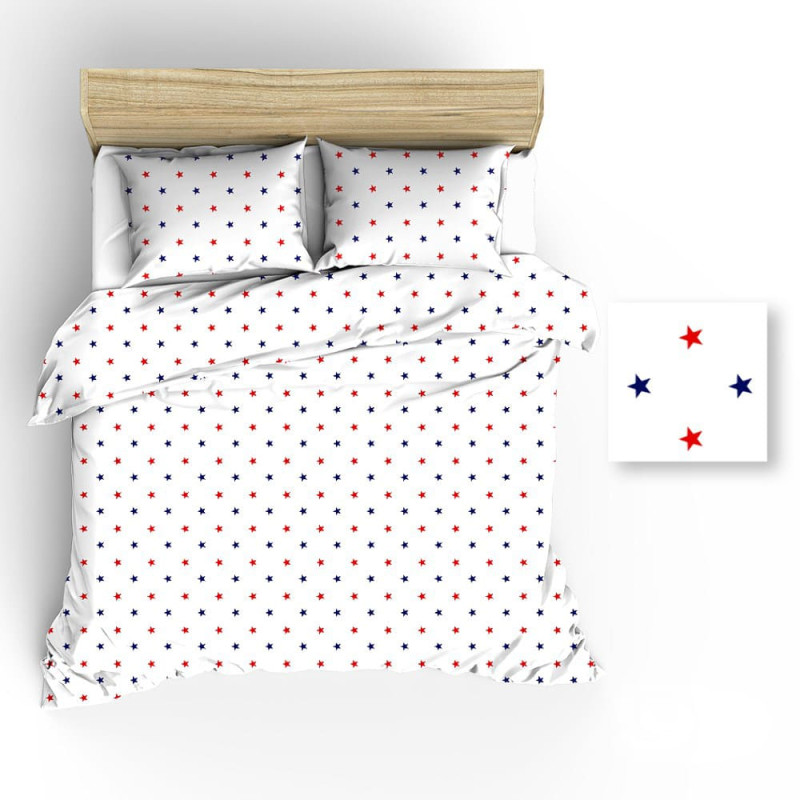 Kokvilnas gultas veļa 180x200 R017 baltas tumši zilas sarkanas zvaigznes kastē 46N
