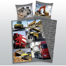 Kokvilnas gultas veļa 140x200 Trucks 9712 Ekskavatori pelēka spilvendrāna 70x90