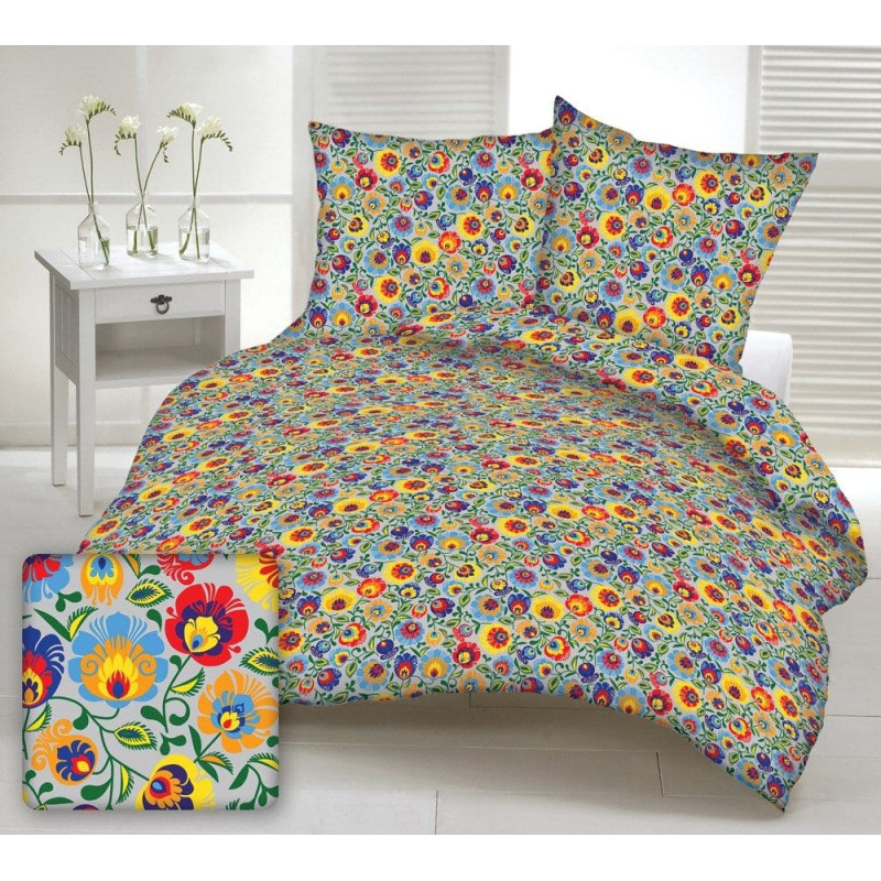 Gultasveļa no mizas 200x220 859a, pelēka tautas Łowicz, krāsaini ziedi ar pogām, kokvilna