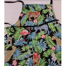 Kokvilnas virtuves priekšauts 75x62 Džungļu palmas tīģeris leopards savvaļas kaķi melns fons