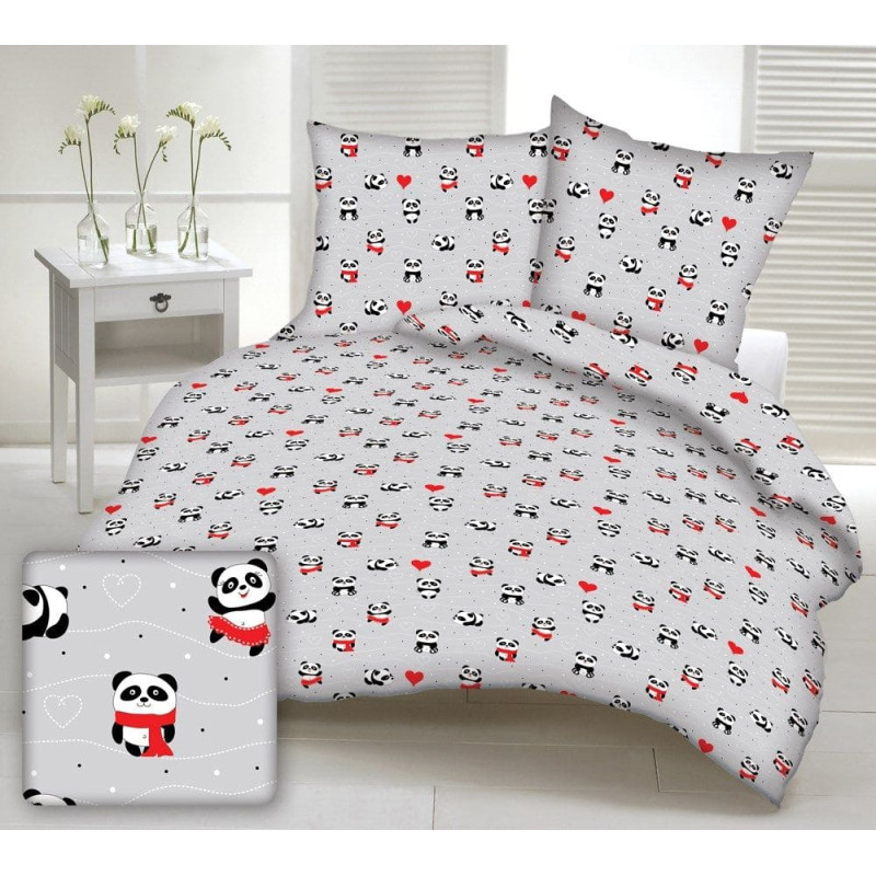 Kokvilnas gultasveļa 90x120 1549E pelēkas laimīgas pandas šalles sarkanas sirdis