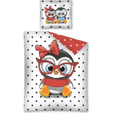 Kokvilnas gultas veļa 140x200 Penguins 1082 pingvīns ar brillēm ar bantīti ar punktu