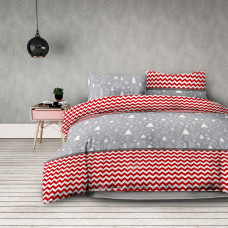 Decoking Flaneļa gultas veļa 200x220 Christmasmess pelēks Ziemassvētku eglītes sarkans zigzags