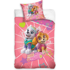 Kokvilnas gultas veļa 160x200 Paw Patrol Paw Skye Everest draugi 9996 rozā zvaigznes