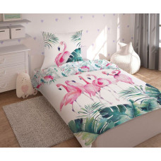 Kokvilnas gultasveļa 160x200 Flamingos Monstera lapas 7800 balta zaļa rozā 2915 A