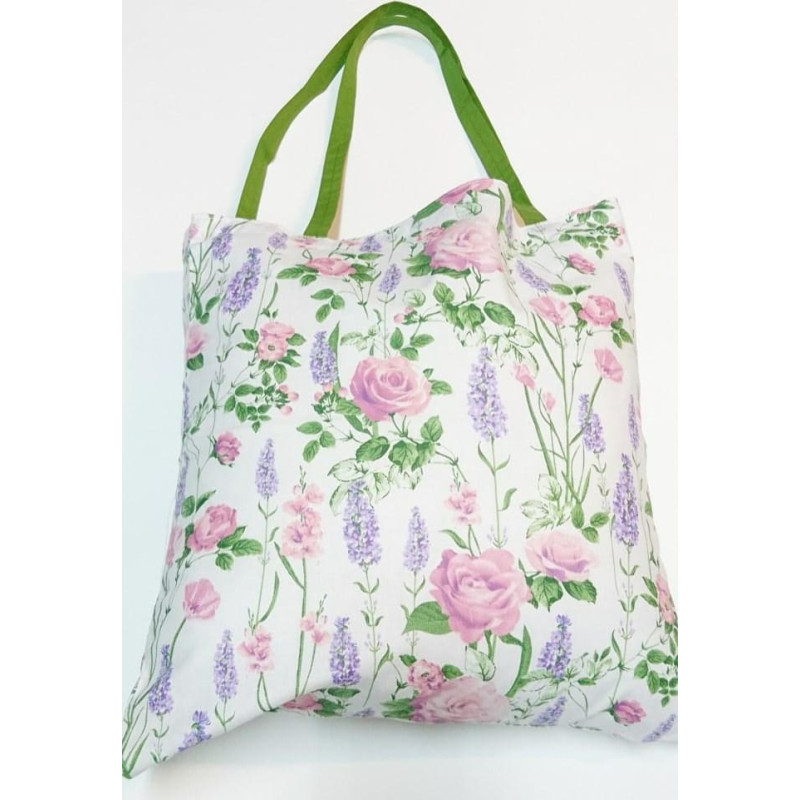 Kokvilnas iepirkumu maisiņš 37x38 baltas Provansas lavandas violeti rozā rozes