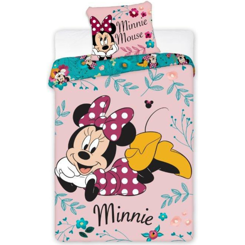 Kokvilnas gultasveļa 140x200 Mini Mouse 1757 Minnie Mouse ziedi lapas rozā