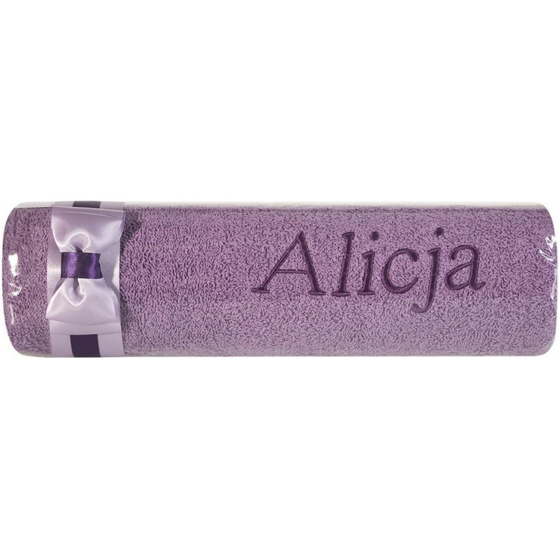 Dvielis ar izšuvumu 50x90 Alicjas violets viršu bantīte vārda dienas dāvanai