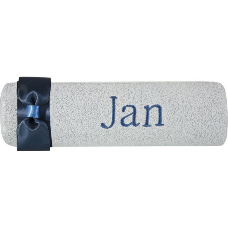 Dvielis ar izšuvumu 50x90 Jan zila tumši zila bantīte vārda dienas dāvanai
