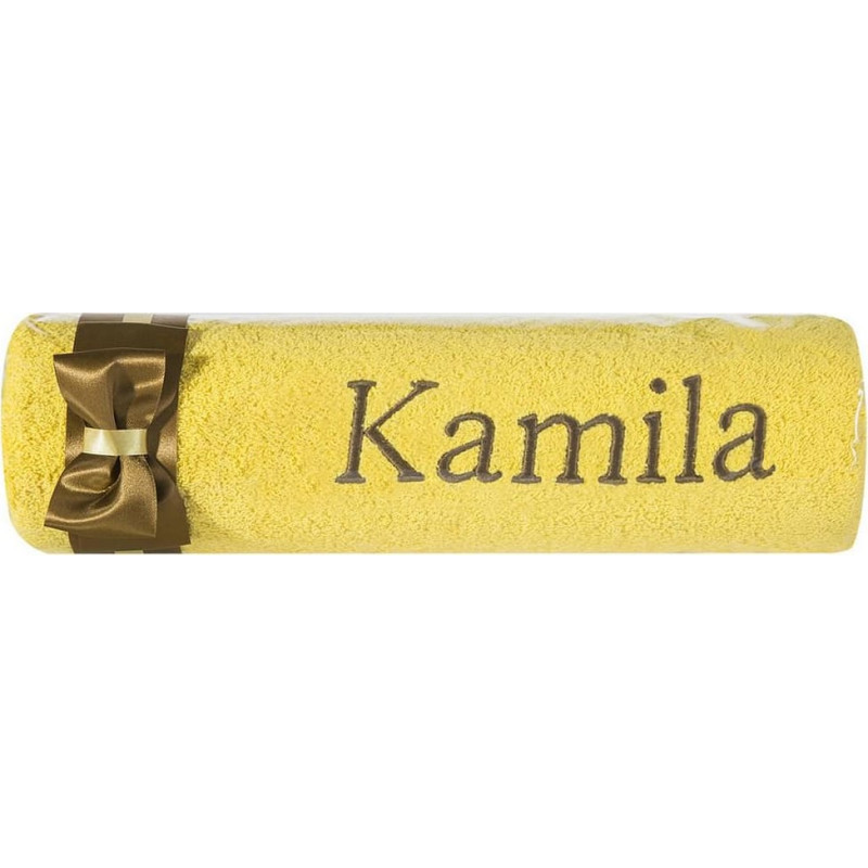 Dvielis ar izšuvumu 50x90 Kamila dzeltenbrūna bantīte vārda dienas dāvanai