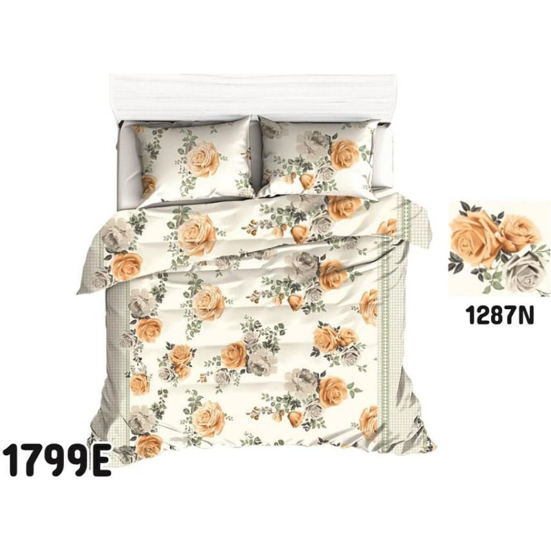Kokvilnas gultasveļa 180x200 1799E oranžas rozes balti pelēki ziedi 1287N