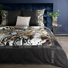 Satīna gultasveļa 220x200 Elza melna pelēka Eva Minge dzīvnieku motīvs leoparda plankumi ziedi Eurofriany