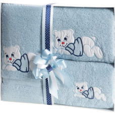 Dvieļu komplekts 3 gab T/0347 Baby 39 Blue lācītis kastītē dāvanu komplekts bērna dāvanai