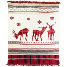 Akrila kokvilnas sega 150x200 55 JB Ziemassvētku ziemeļbriežu zvaigznes rūtaini balti bēši sarkani pelēki ar bārkstīm gultas pārklājs