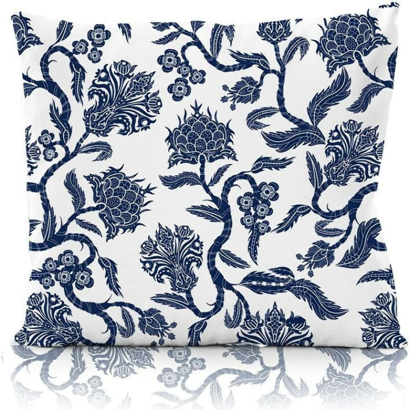 Komplektā 2 kokvilnas spilvendrānas, balti zariņi, tumši zili ziedi, Elegant 003