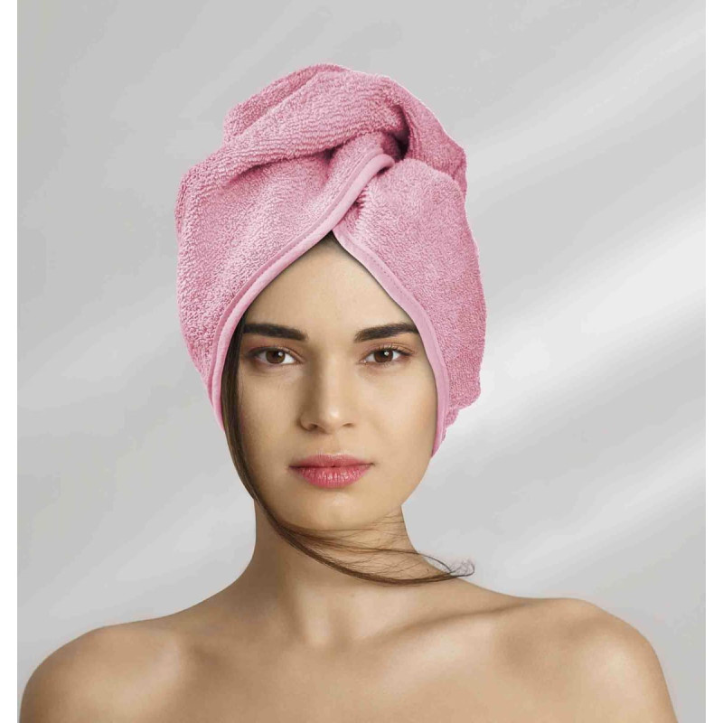 Poga matu turbāns, rozā frotē vannas dvielis