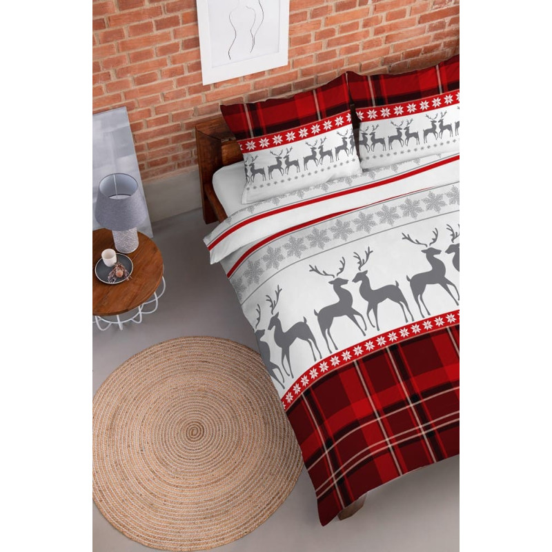 Flaneļa gultasveļa 160x200 Ziemassvētku sarkans pelēks ziemeļbriežu rūtains 4143 A Flanelis 2022