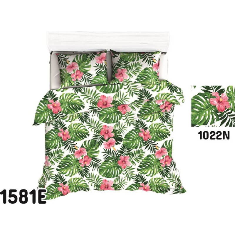 Kokvilnas gultasveļa 180x200 1581E baltas lapas zaļas palmas krāsaini ziedi 1022N