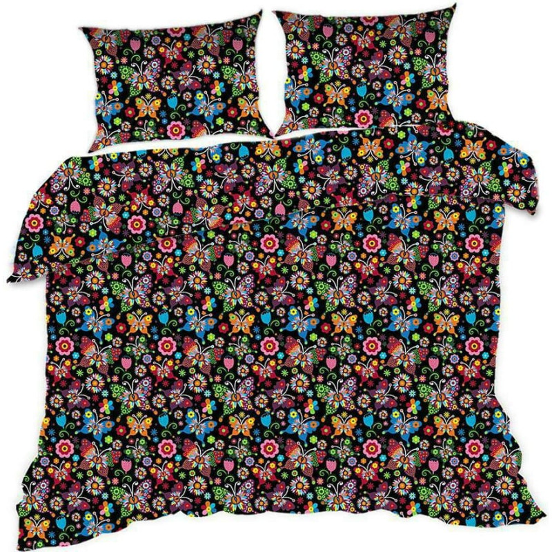 Kokvilnas gultasveļa 90x120 1357E melni tauriņi ziedi zvaigznes krāsaini 565P