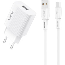 Network charger Vipfan E01, 1x USB, 2.4A + USB-C cable (white)