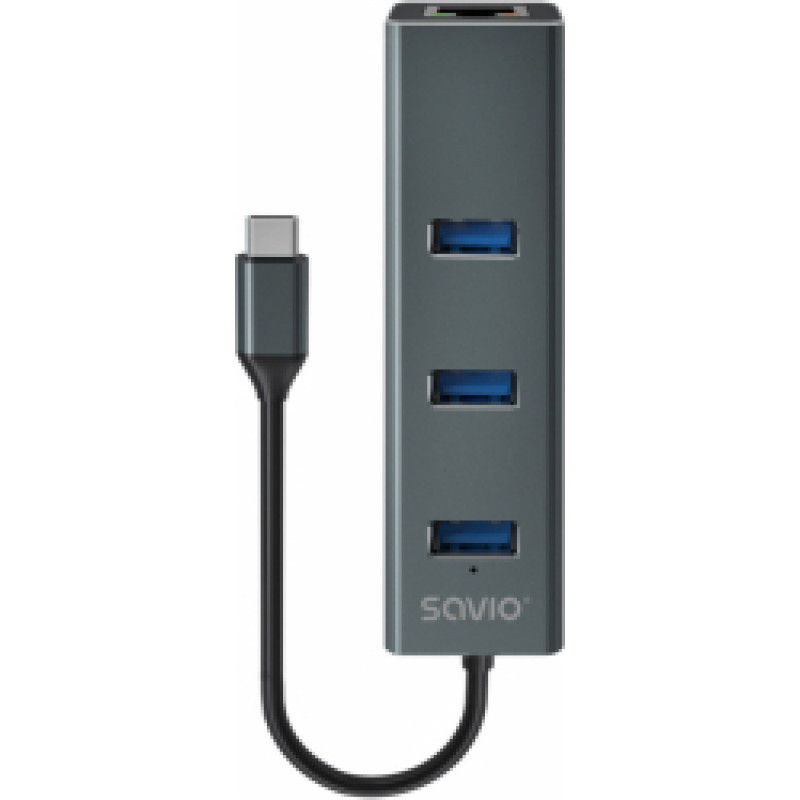 USB Centrmezgls Savio 3-port USB-C 3.1 GEN 1 hub with RJ-45 Gigabit Ethernet