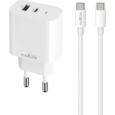 Maxlife MXTC-06-20AC PD QC charger 1x USB-C 1x USB 20W white + USB-C - USB-C cable 20W