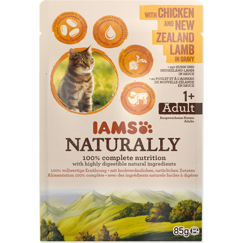 Iams Konservēta barība kaķiem : IAMS CAT Naturally Adult Chicken&Lamb in gravy 85gr.