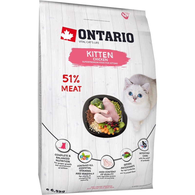 Ontario Sausā barība kaķēniem - Ontario Cat Kitten Chicken, 6.5 kg